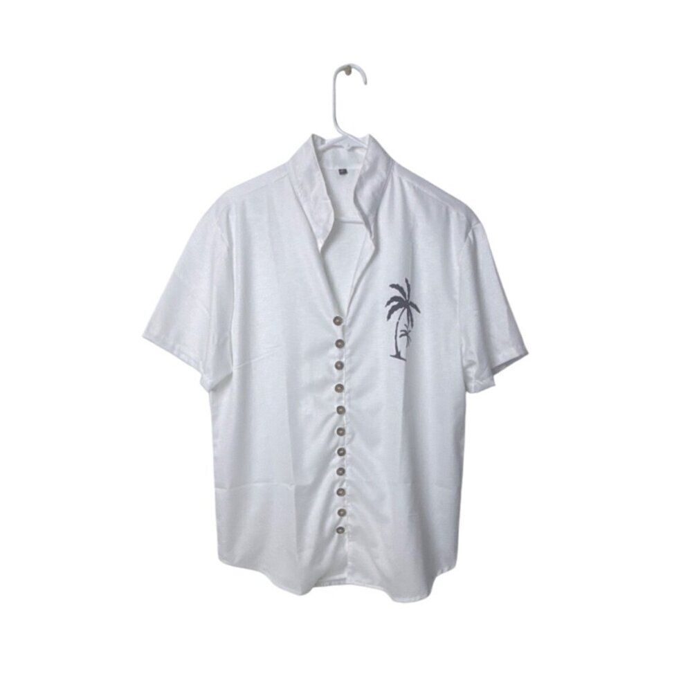 White Button-Up Shirt With Palm Tree Embroidery